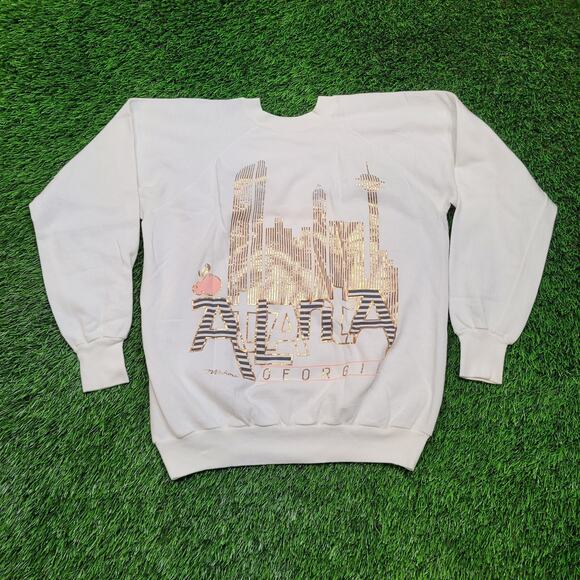 VTG 80s Atlanta Skyline Sweatshirt Boxy Tapered Fit Womens L Metallic Crewneck - Picture 1 of 6